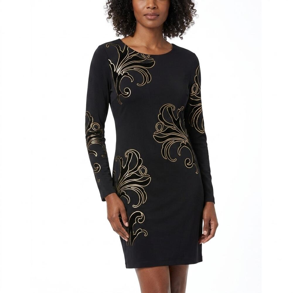 Caché Combo Made in USA Black Sheath Short Graphic Print Dress Women Size 6